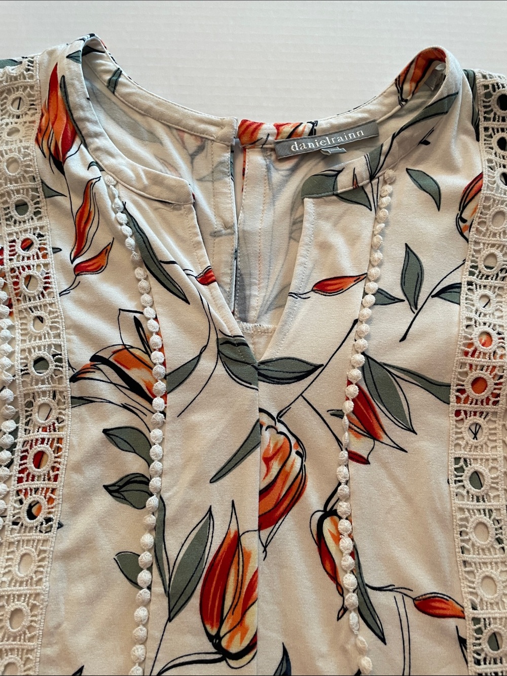 Daniel Rainn Cream Blouse with Orange Floral Print and Lace Trim